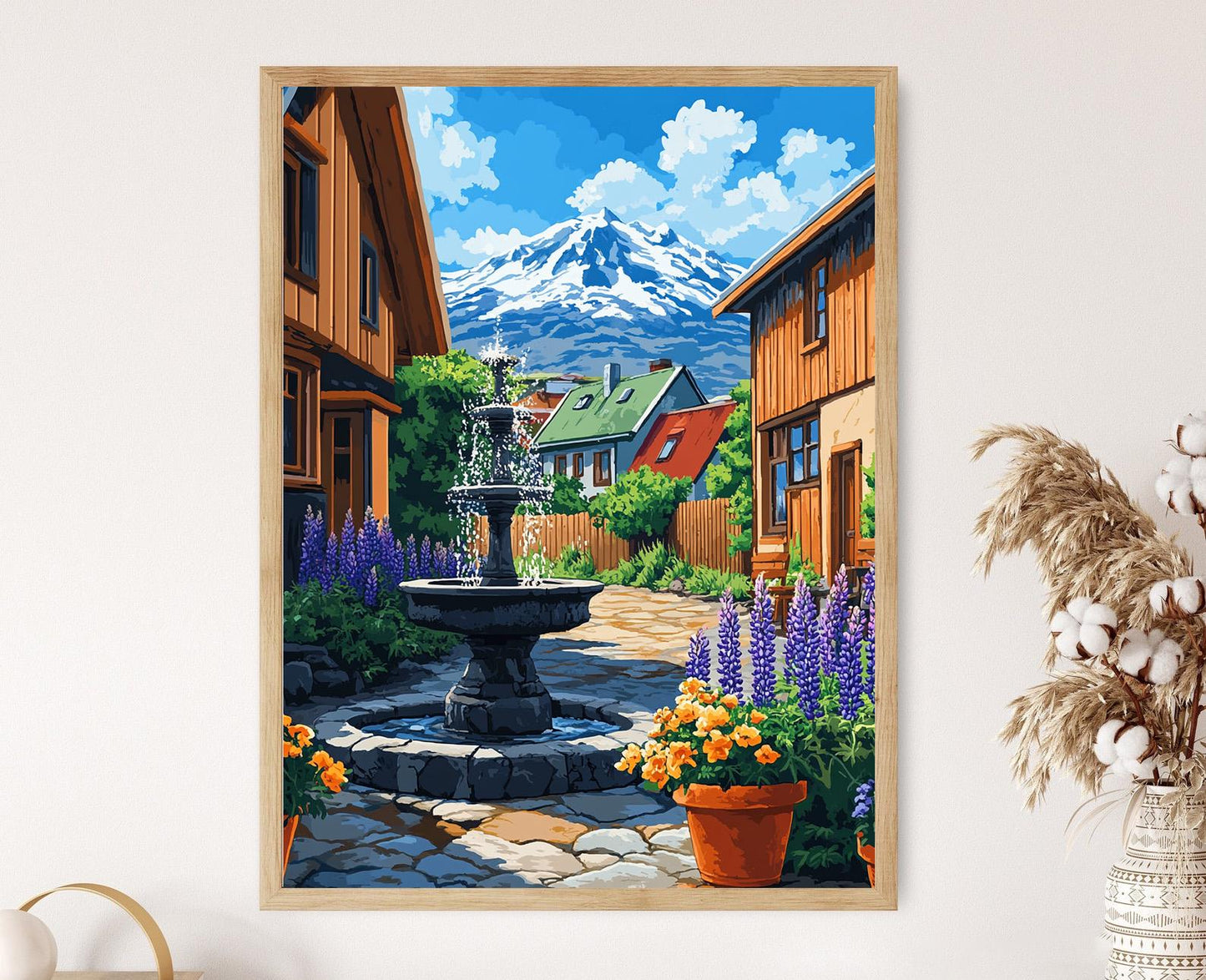 Affiche Reykjavík – Poster Fontaine en basalte et fleurs de lupin