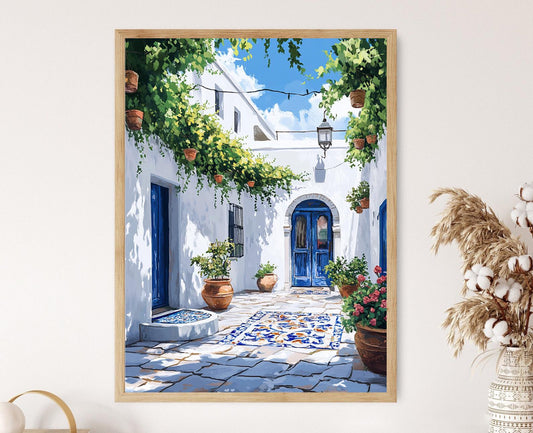 Affiche Cour de Tunis – Impression d'art : Fontaine en céramique, portes bleues, pots de jasmin