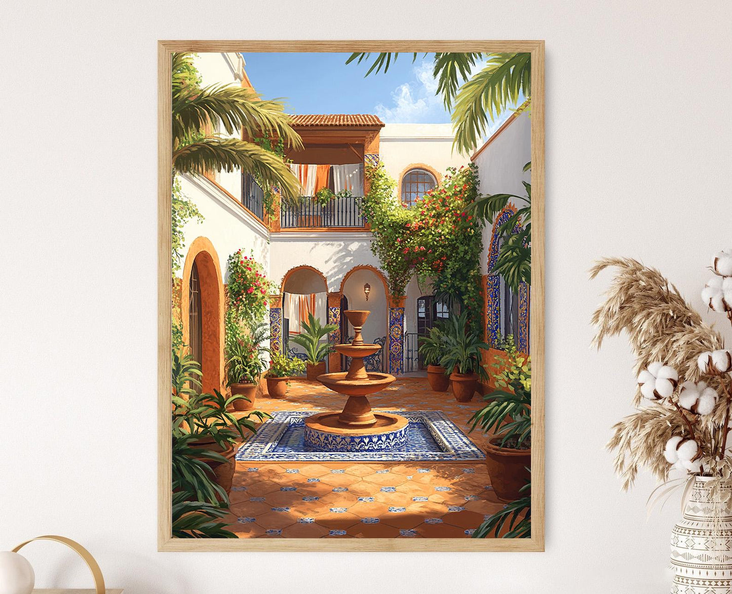 Affiche Accra – Imprimé d'art avec fontaine en terre cuite et pots tropicaux