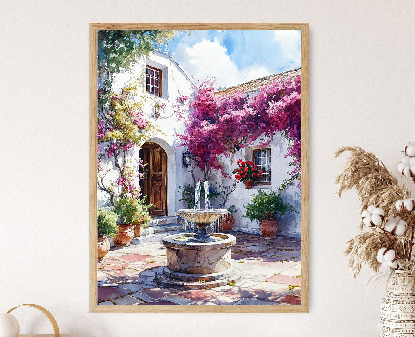 Affiche Cour d'Afrique du Sud – Impression Art : Fontaine en Pierre, Bougainvillier, Gables Blanchis