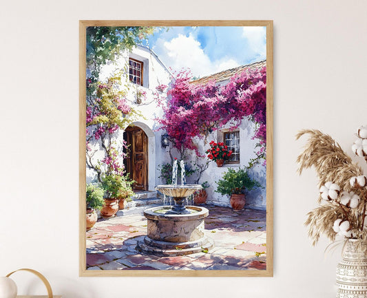 Affiche Cour d'Afrique du Sud – Impression Art : Fontaine en Pierre, Bougainvillier, Gables Blanchis