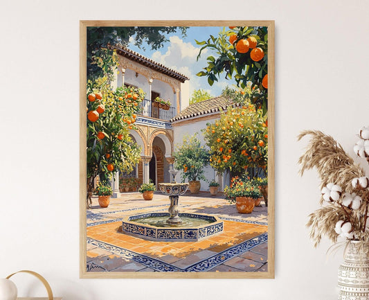 Affiche Séville – Poster Fontaine carrelée, orangers et arcs mauresques