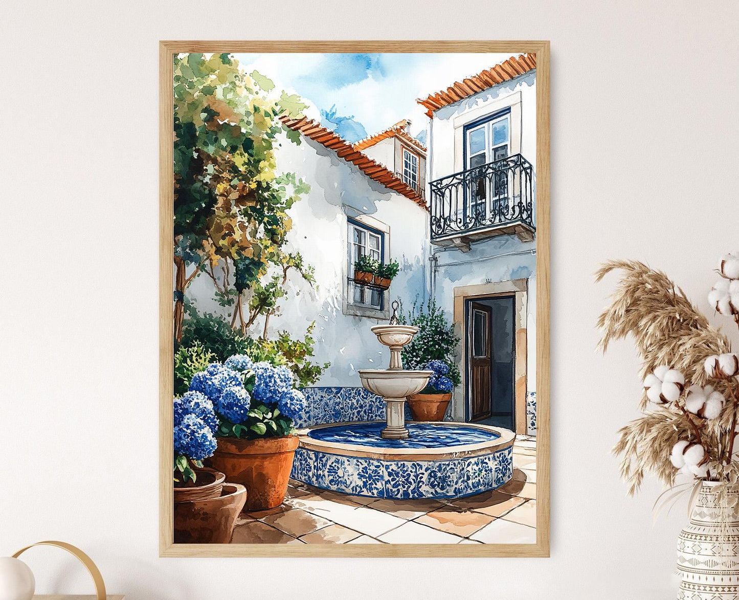 Affiche Lisbonne – Poster Fontaine Azulejo, Hortensias et Balcon en Fer