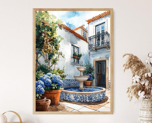 Affiche Lisbonne – Poster Fontaine Azulejo, Hortensias et Balcon en Fer