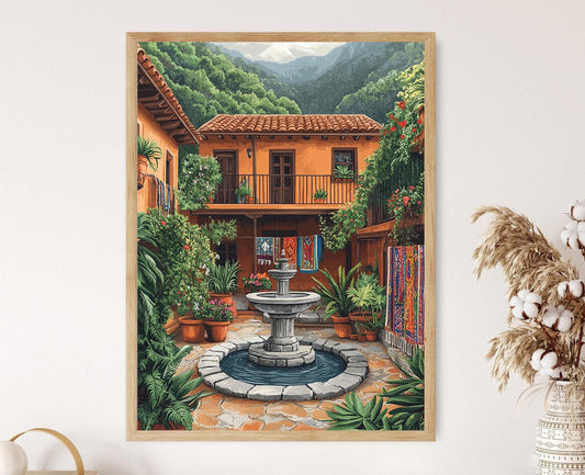 Affiche Estelí Nicaragua – Impression fine : Pierre rustique, pots de fougère, vue sur la montagne