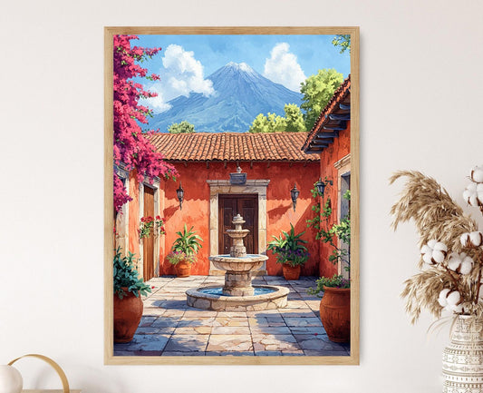 Affiche Antigua Guatemala – Poster Fontaine avec Volcan Arches et Bougainvilliers