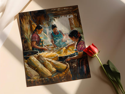 Affiche Art de Femmes Indigènes – Peinture Préparation de Tamales Guatémaltèques