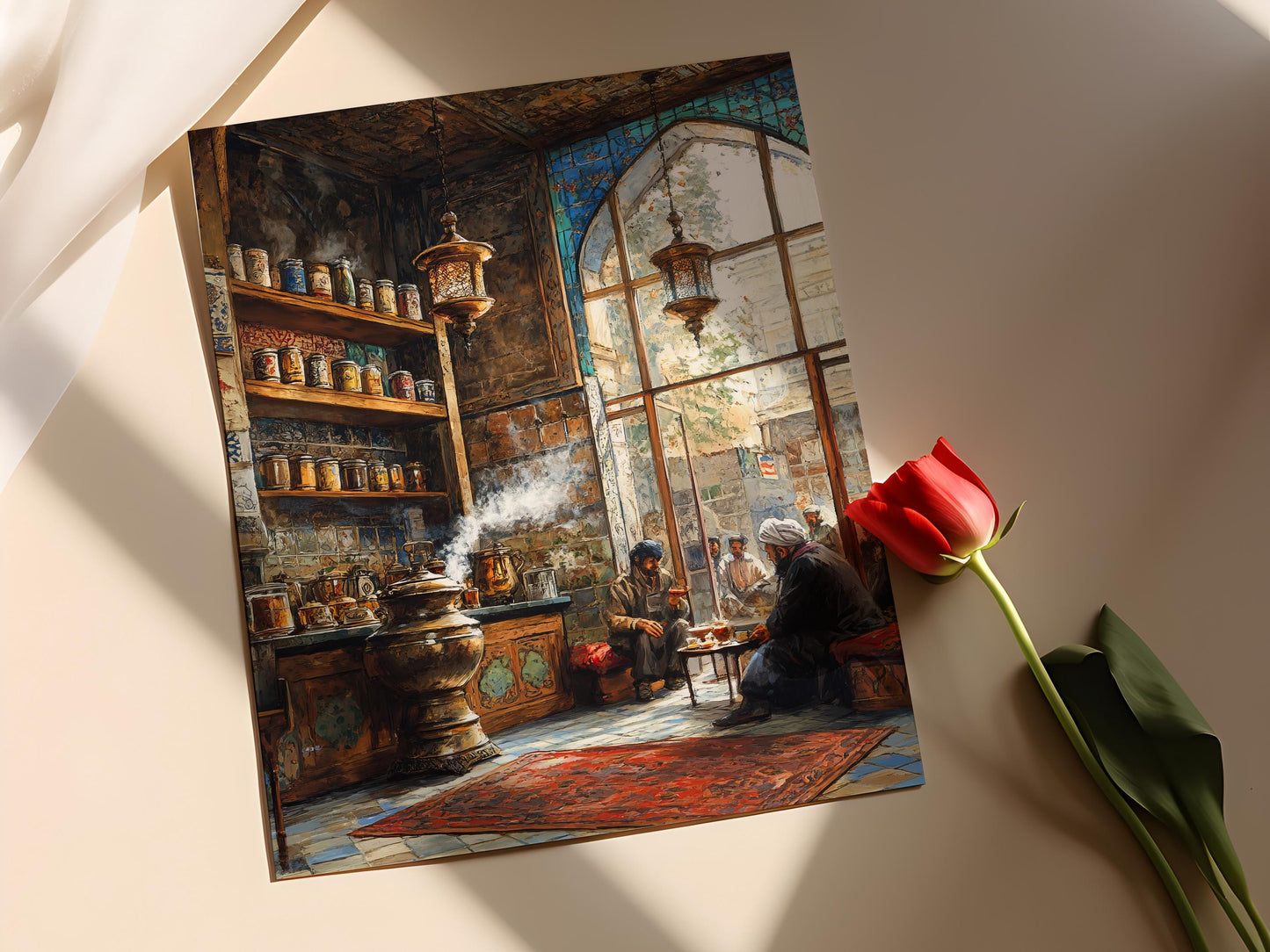 Affiche Maison de Thé de Téhéran – Illustration Tapis Persan & Samovar