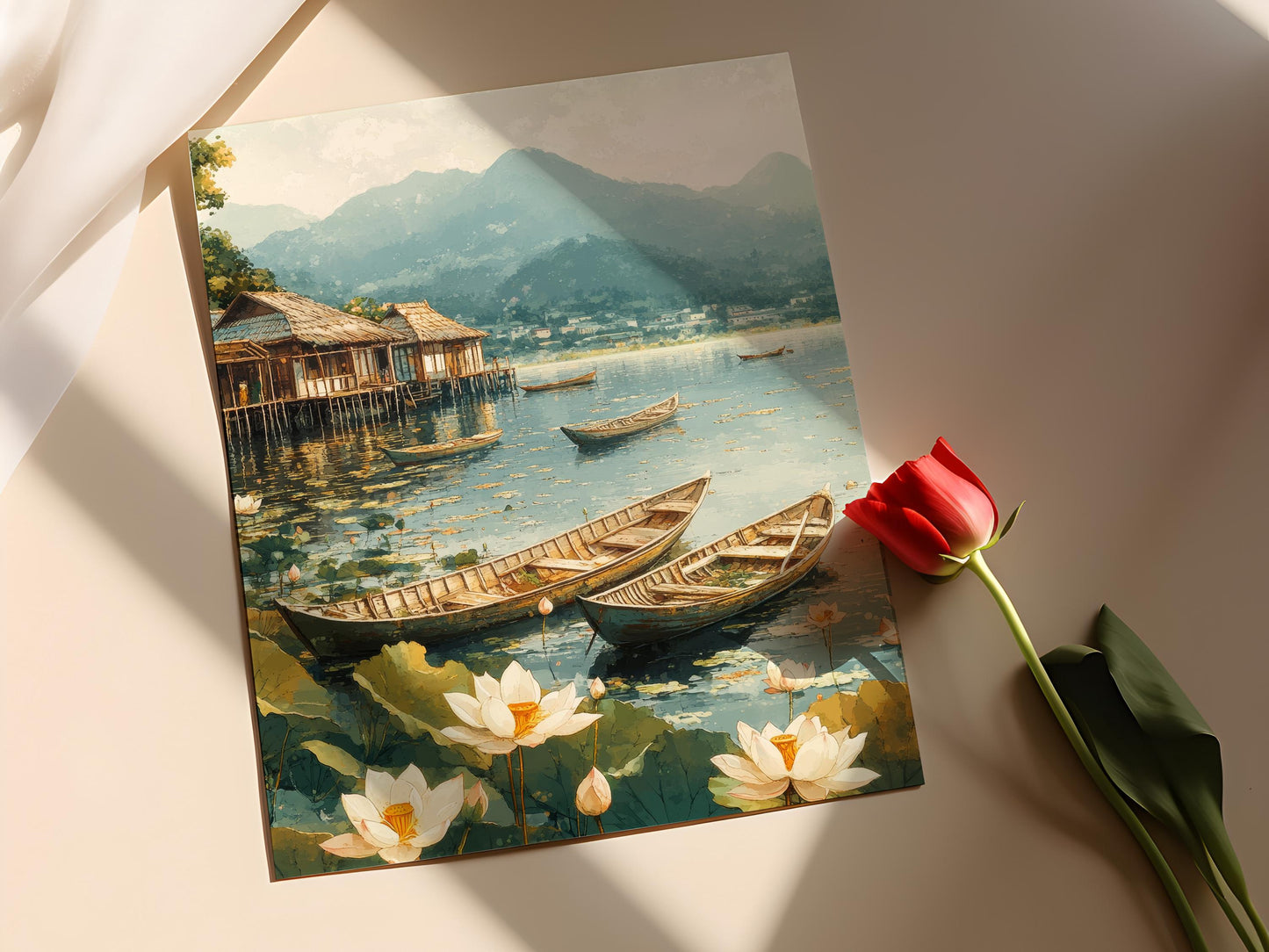 Affiche Lagune de Bandar Anzali – Poster Fleurs de Lotus & Bateaux en Bois