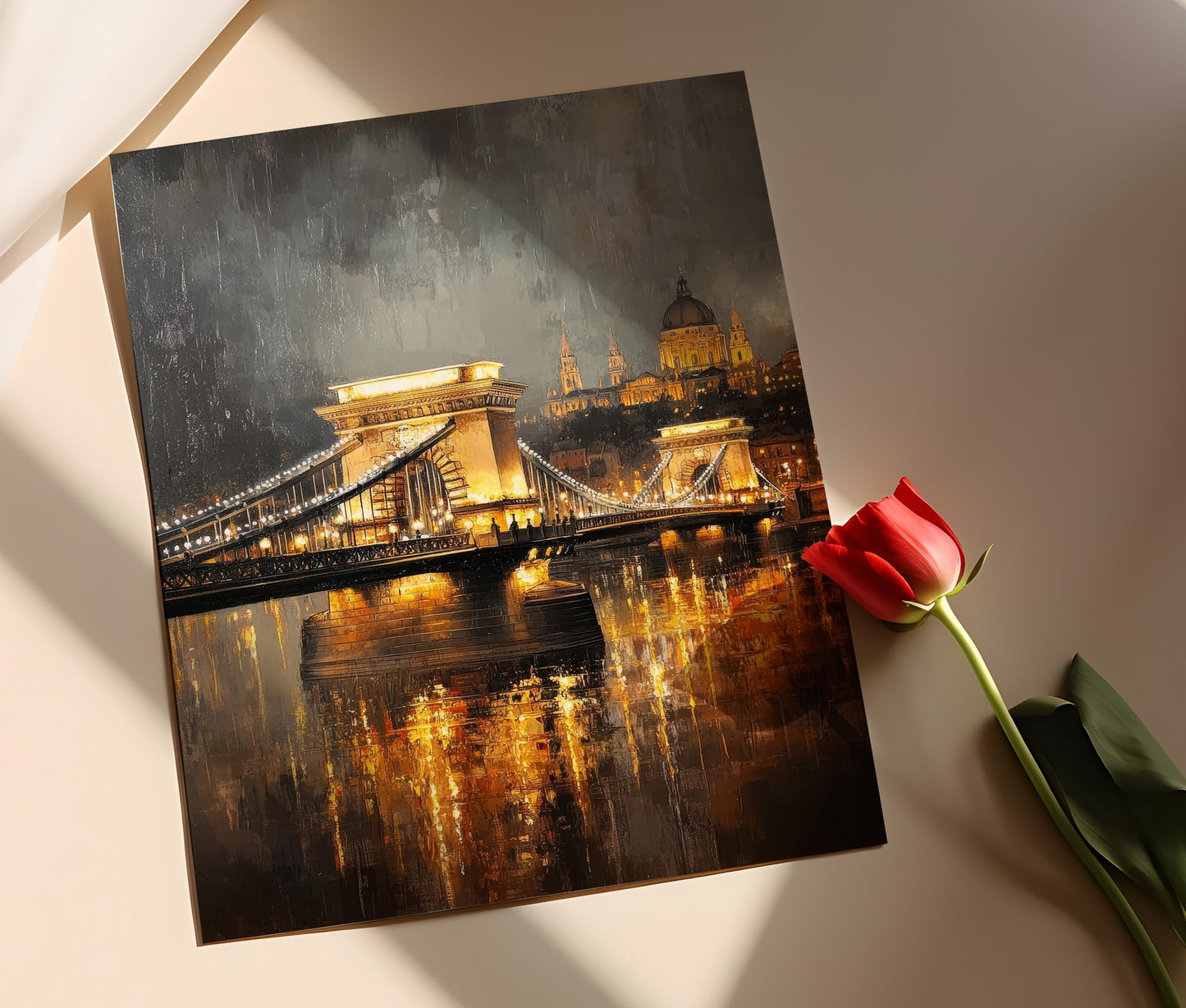 Affiche Budapest – Poster Pont des Chaînes, Nuit Éclairée, Reflets du Danube