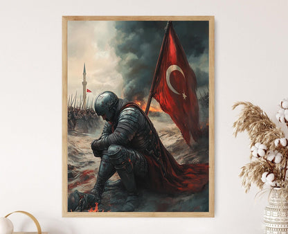 Affiche Soldat Ottoman avec Drapeau Turc – Illustration Scène Historique