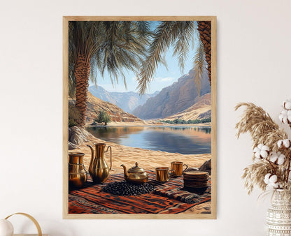 Affiche Oasis Café – Illustration des Bédouins au bord du lac désertique