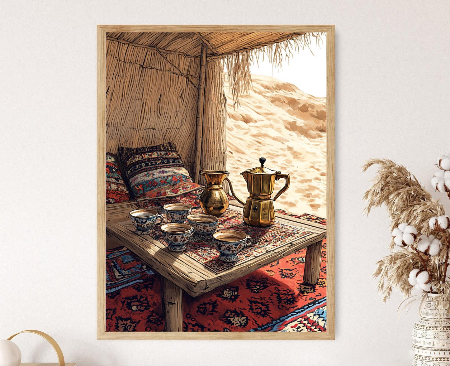 Affiche Cérémonie de Café Bédouin – Illustration Dallah et Tapis Désert