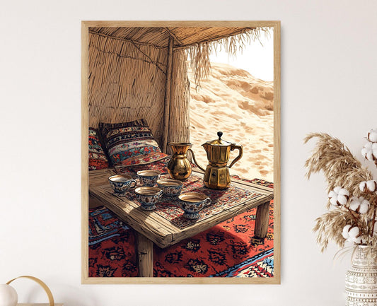 Affiche Cérémonie de Café Bédouin – Illustration Dallah et Tapis Désert