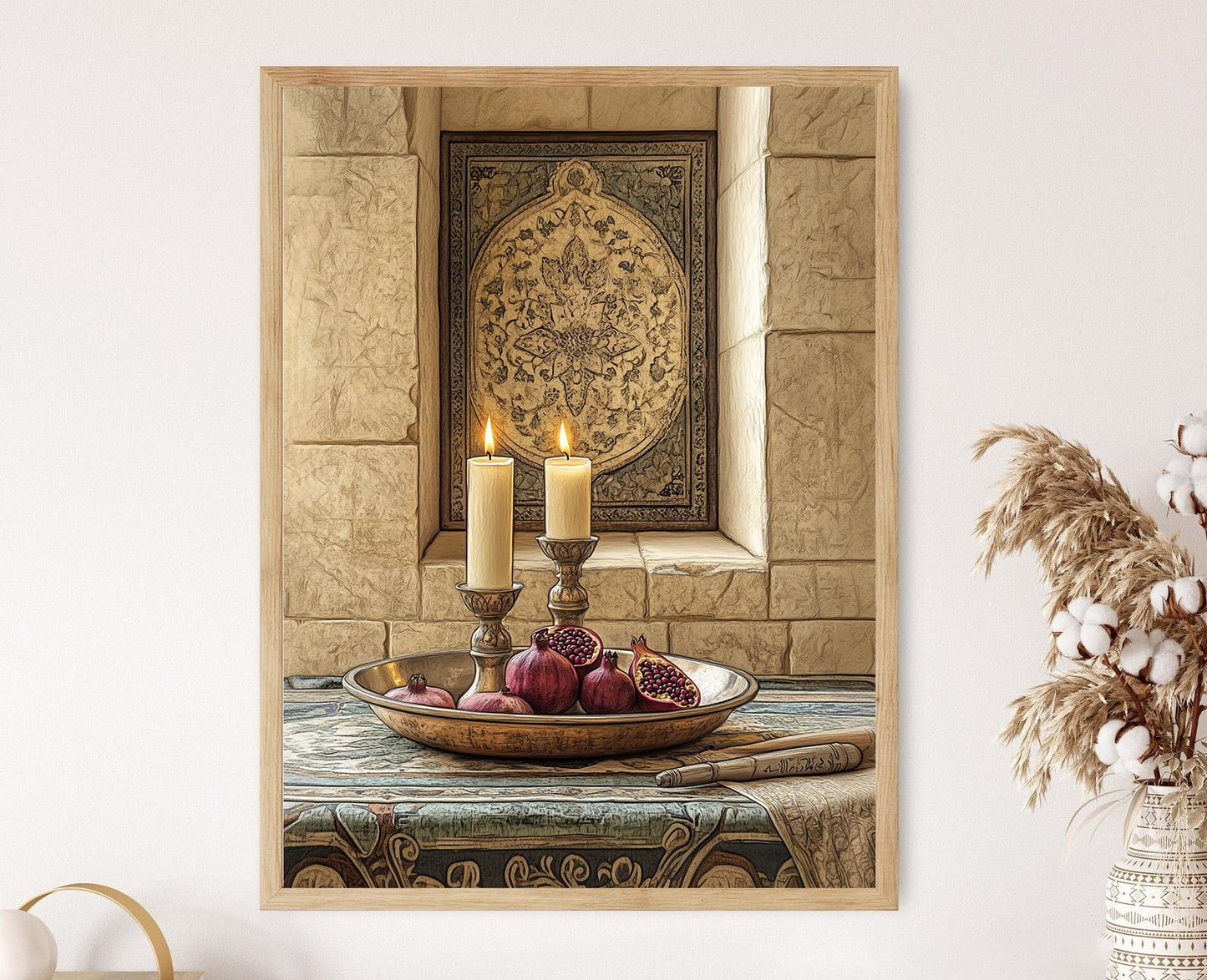 Affiche Alevi en cuivre – Illustration de bougies à la grenade et motif Zulfiqar