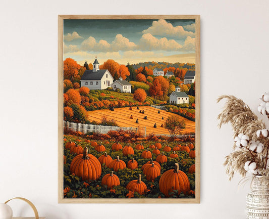 Affiche de la Ferme de Citrouilles de Nantucket – Illustration Inspirée de Grant Wood