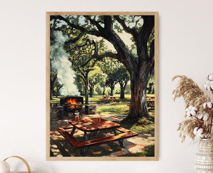 Affiche BBQ du Texas – Imprimé Rustique avec Fumoir et Chênes