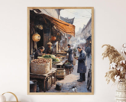 Affiche Marché Alimentaire Hutong – Poster Artisans Locaux et Produits Frais