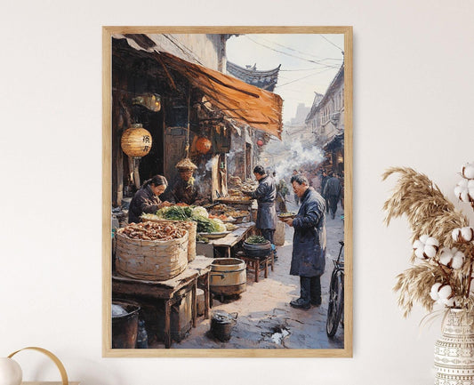 Affiche Marché Alimentaire Hutong – Poster Artisans Locaux et Produits Frais