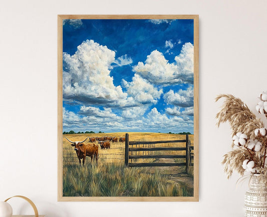 Affiche Texas Longhorn – Poster Art de Ranch avec Bétail et Ciel Ouvert
