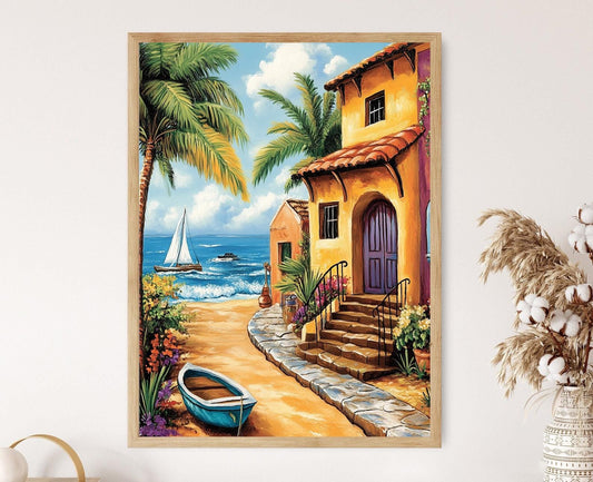 Affiche Côte de Porto Rico – Impression Art : Quai Tropical et Villa Colorée