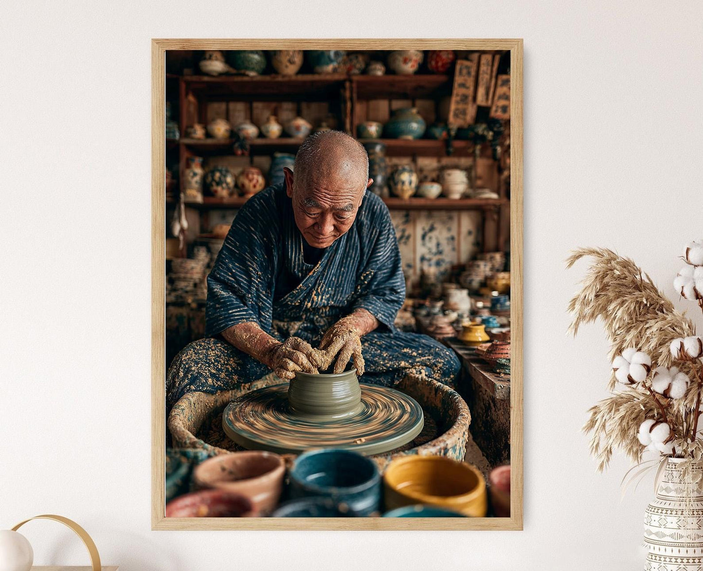 Affiche Artiste Japonais : Illustration de Potiers sur Roue d'Argile