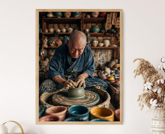 Affiche Artiste Japonais : Illustration de Potiers sur Roue d'Argile