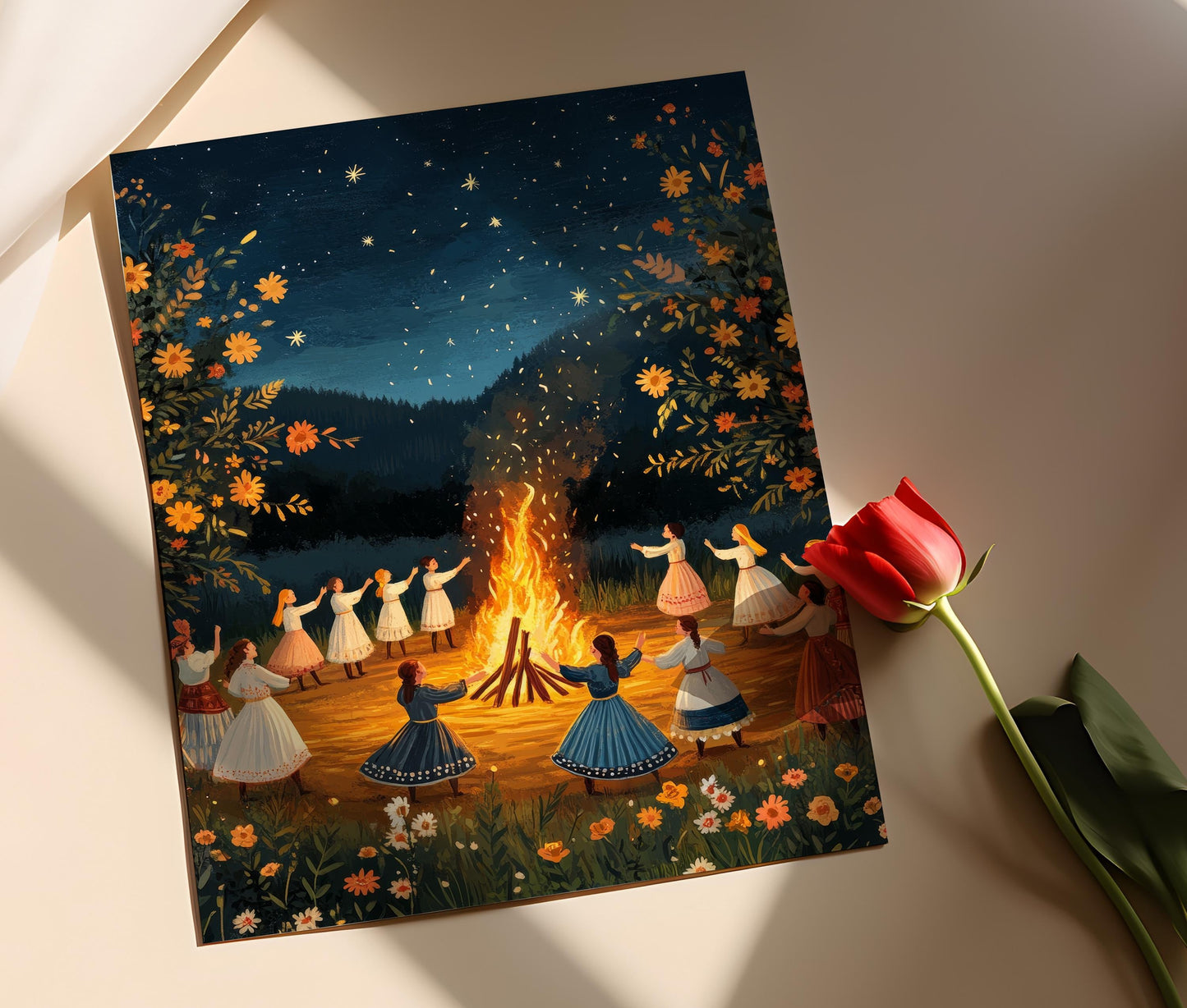 Affiche Festival Lituanien – Poster Illustration de Danse et Feu de Joie