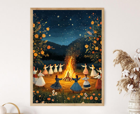 Affiche Festival Lituanien – Poster Illustration de Danse et Feu de Joie