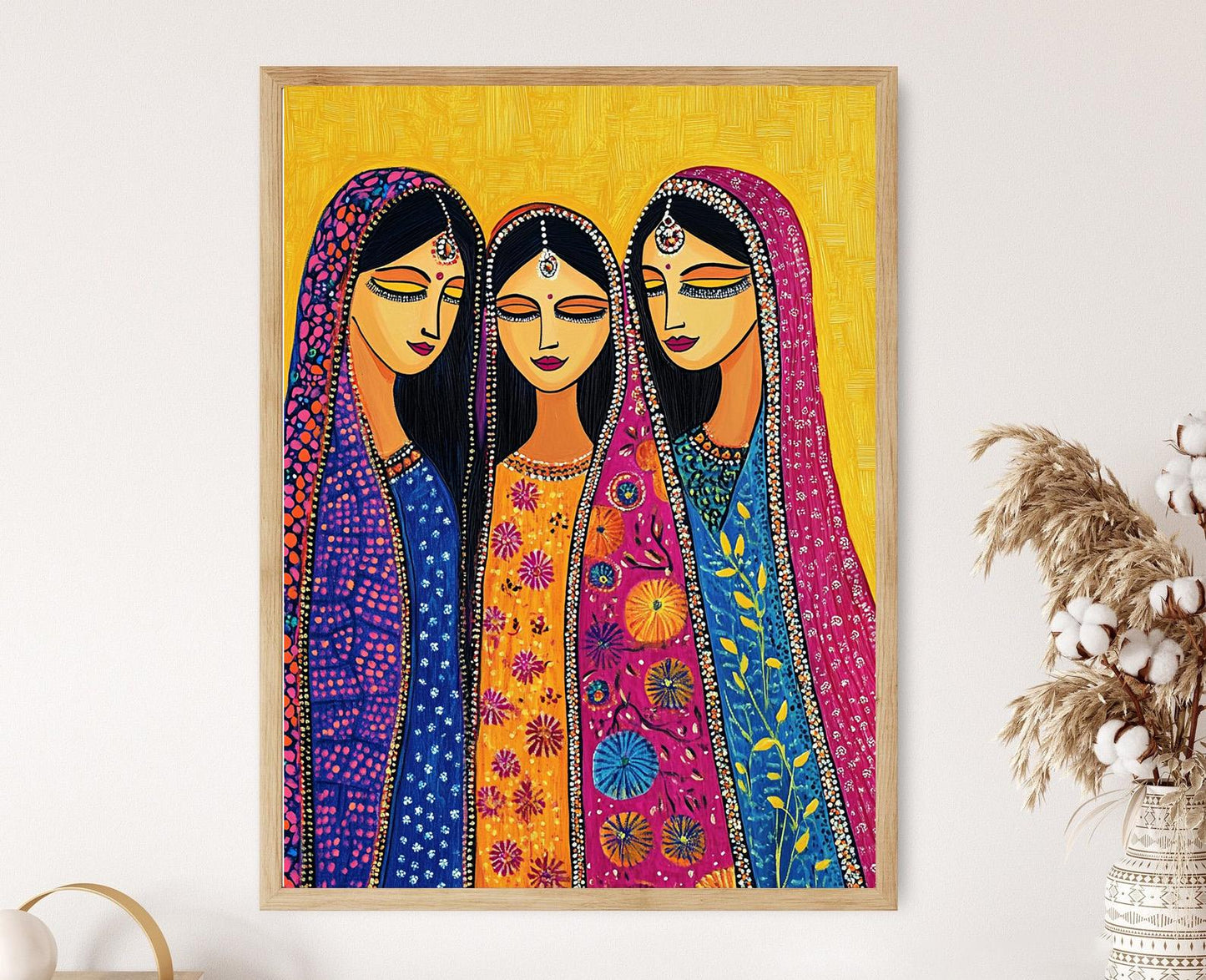 Affiche Mithila – Impression artistique Femmes en Sarees, Design folklorique indien