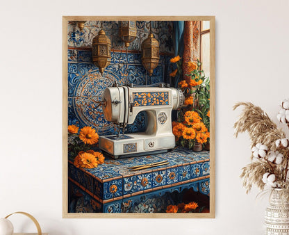 Affiche Machine à Coudre Marocaine – Poster Zellij, Ciseaux en Laiton, Décor Lanternes