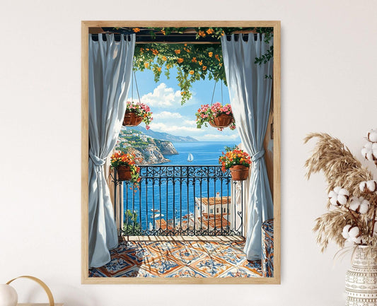 Affiche Balcon de Tripoli – Illustration de Fer, Fleurs et Vue Méditerranéenne