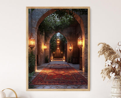 Affiche Arche d'Alep – Illustration de lanternes en cuivre et tapis syriens