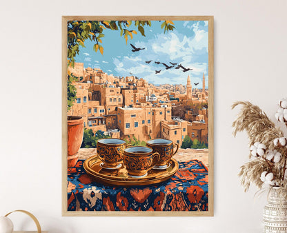 Affiche Amman – Illustration de Toit, Plateau en Laiton et Coucher de Soleil