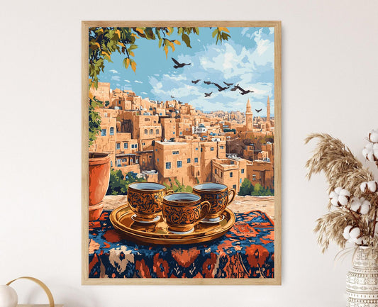 Affiche Amman – Illustration de Toit, Plateau en Laiton et Coucher de Soleil