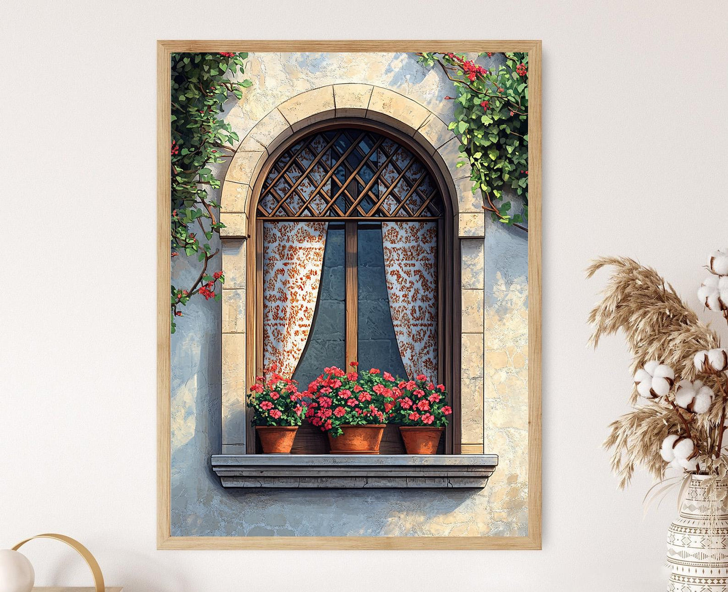 Affiche de Fenêtre à Damas – Illustration de Lattice Mashrabiya & Pots de Géranium