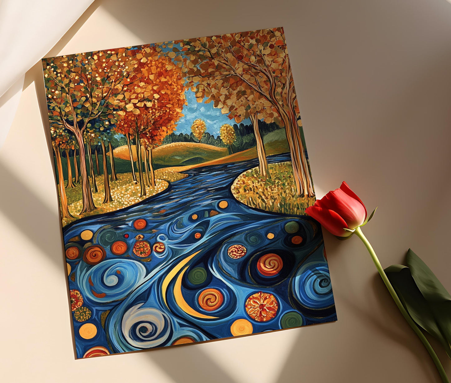 Affiche Paysage Fluvial Inspiré de Klimt – Poster Arbres Dorés et Eaux Tourbillonnantes