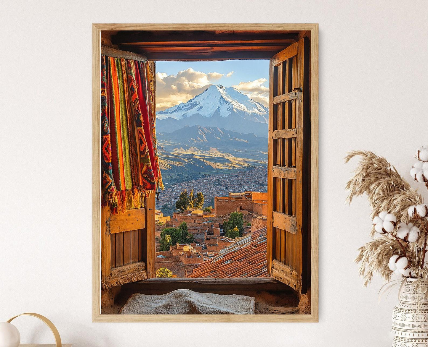 Affiche El Alto – Illustration Fenêtre, Cadre Bois, Textiles Aymara, Vue Illimani