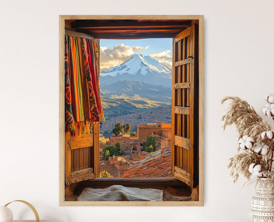 Affiche El Alto – Illustration Fenêtre, Cadre Bois, Textiles Aymara, Vue Illimani