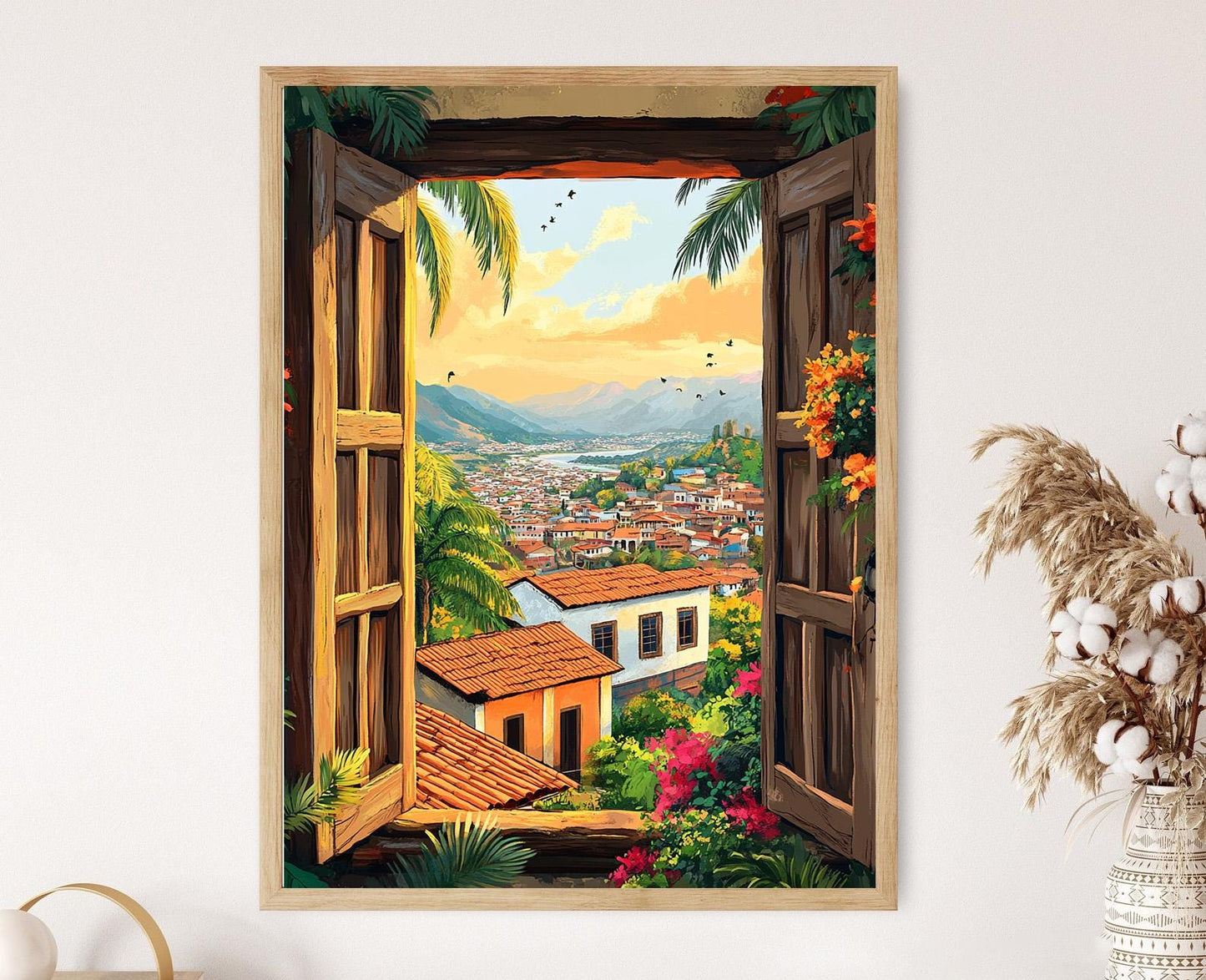 Affiche Santa Cruz, Bolivie – Vue tropicale d'un toit en bois