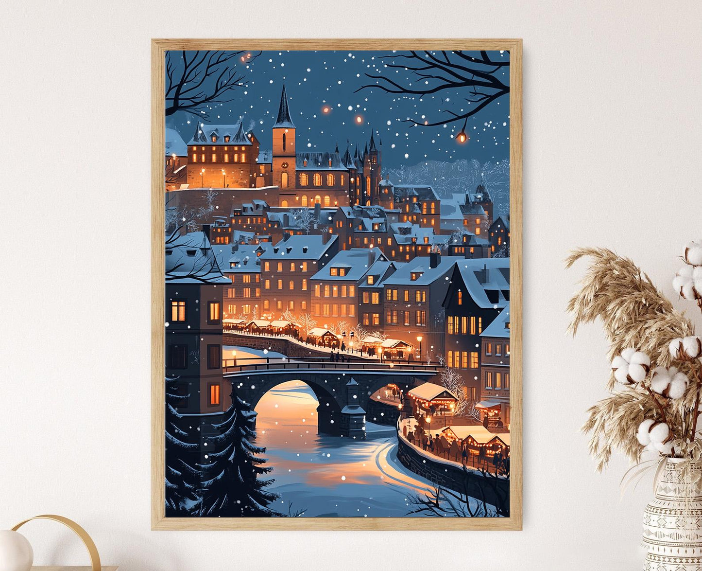 Affiche Luxembourg en hiver – Illustration des toits enneigés et marché de Noël
