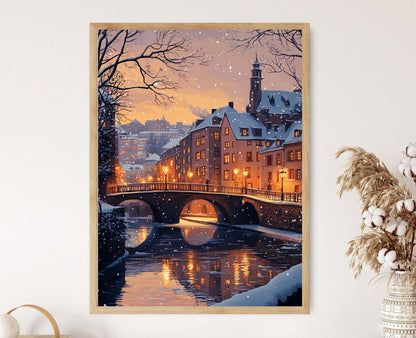 Affiche Luxembourg Hiver – Illustration de Ponts enneigés et Lumières chaleureuses