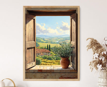 Affiche Montepulciano – Illustration fenêtre avec vignobles toscans