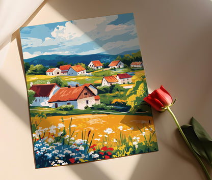 Affiche Hlebine – Poster Art Naïf Croate, Paysage Rural Élégant