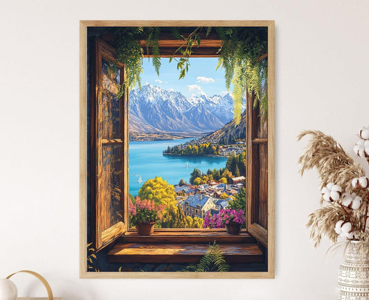 Affiche Queenstown – Illustration de la fenêtre sur le lac Wakatipu, montagnes enneigées