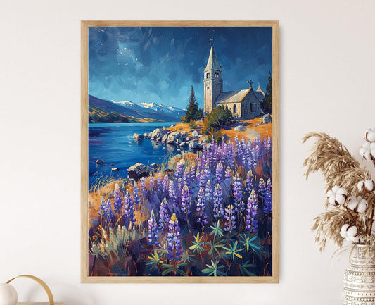 Affiche Lac Tekapo – Tableau Vibrant avec Fleurs de Lupin en Fleurs