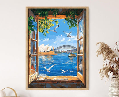 Affiche Sydney Harbour – Vue de l'Opéra depuis une Fenêtre en Bois
