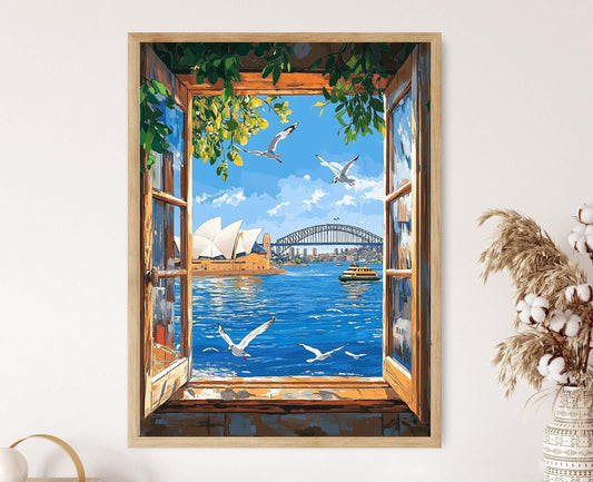 Affiche Sydney Harbour – Vue de l'Opéra depuis une Fenêtre en Bois