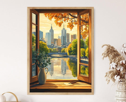 Affiche Melbourne - Illustration de fenêtre avec vue sur la skyline Yarra