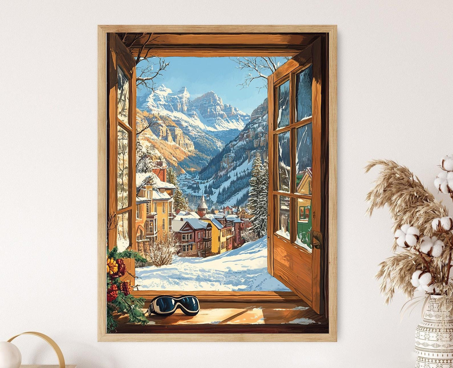 Affiche Telluride – Illustration Fenêtre avec Cadre Bois, Montagnes et Maisons Victorianes